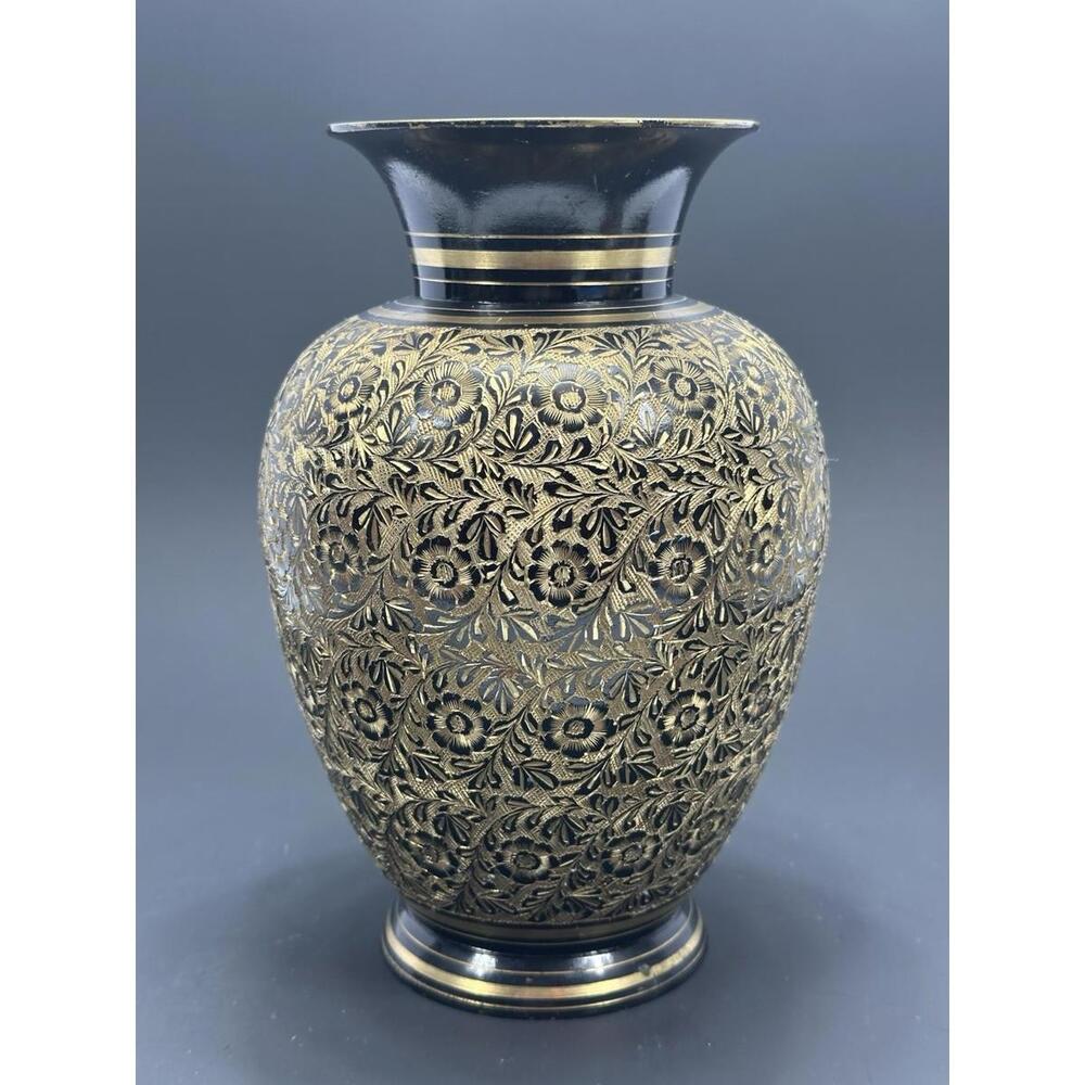 Vintage 8 3/4” Etched Solid Brass Black Vase Urn Ornate Floral Pattern India
